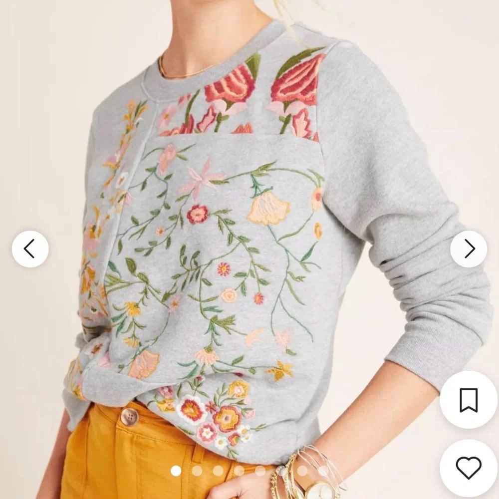 Anthropologie Gray Embroidered Floral Crewneck Sweater - Picture 1 of 4